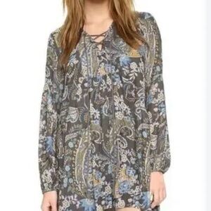 Free People Rain or Shine Gray Paisley Lace Up Tunic Dress XS GUC